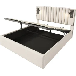 Gutent Lit adulte lit 140x200 cm lit rembourré lit de rangement avec sommier à lattes lit double coton beige