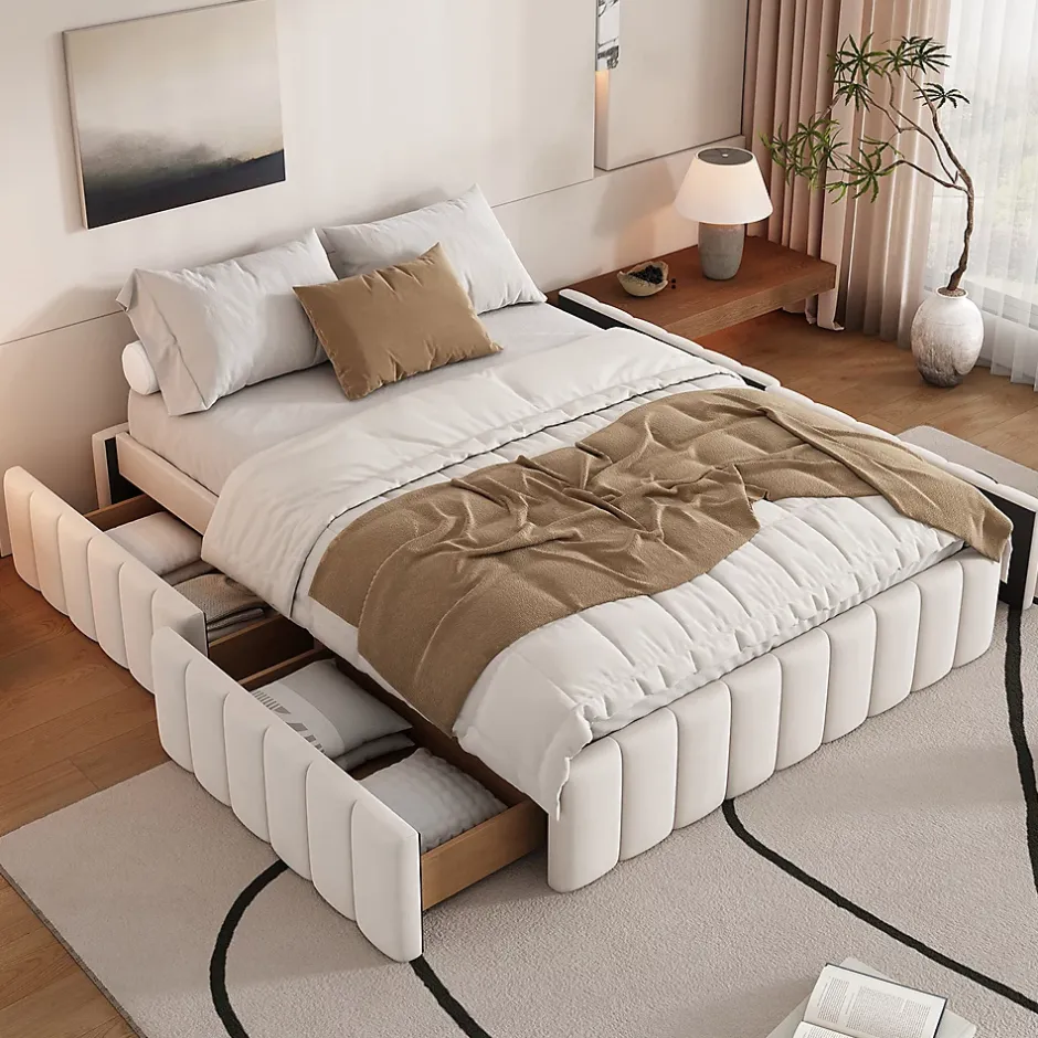 Gutent Lit adulte lit 140x200 cm lit rembourré avec 4 tiroirs Single velours beige Best