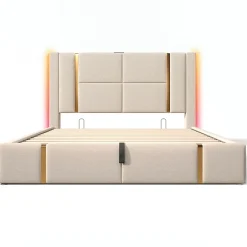 Gutent Lit adulte lit 180x200 cm lit rembourré lit de rangement lit sommier à lattes en bois lit double lin beige