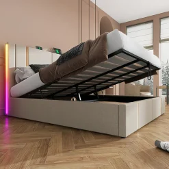 Gutent Lit adulte lit 180x200 cm lit rembourré lit de rangement lit sommier à lattes en bois lit double lin beige