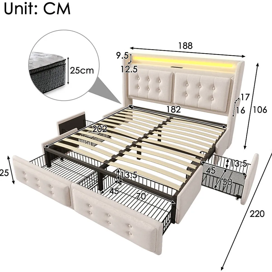 Gutent Lit adulte lit 180x200 cm lit rembourré lit 4 tiroirs lit de rangement avec sommier à lattes en bois lit double coton lin beige New