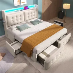 Gutent Lit adulte lit 180x200 cm lit rembourré lit 4 tiroirs lit de rangement avec sommier à lattes en bois lit double coton lin beige New