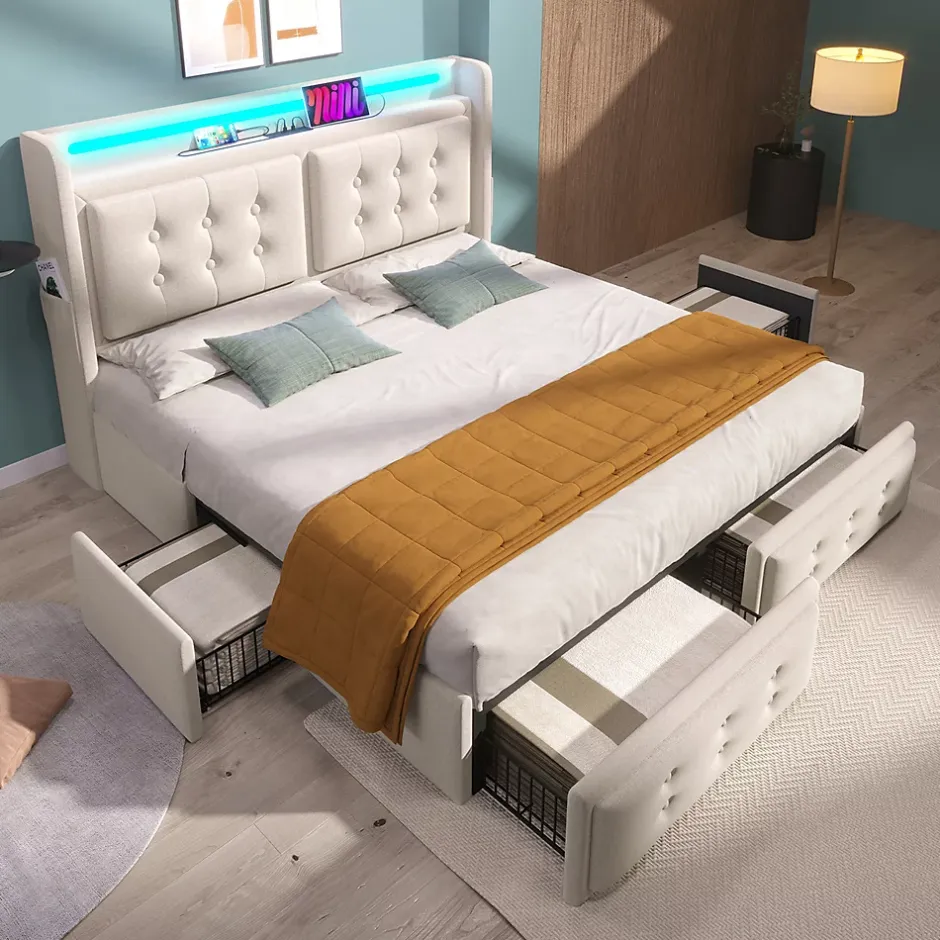Gutent Lit adulte lit 180x200 cm lit rembourré lit 4 tiroirs lit de rangement avec sommier à lattes en bois lit double coton lin beige New