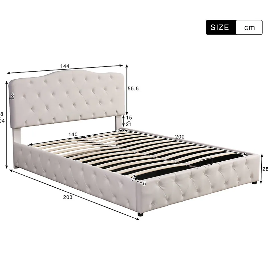 Gutent Lit adulte lit 140x200 cm lit rembourré hydraulique lit double pu blanc