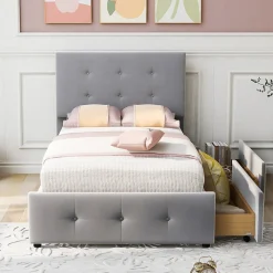 Gutent Lit adulte lit 90x200 cm lit rembourré lit 2 tiroirs lit sommier à lattes Single tissu en velours gris