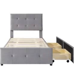Gutent Lit adulte lit 90x200 cm lit rembourré lit 2 tiroirs lit sommier à lattes Single tissu en velours gris