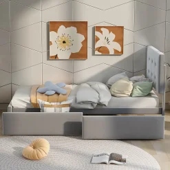 Gutent Lit adulte lit 90x200 cm lit rembourré lit 2 tiroirs lit sommier à lattes Single tissu en velours gris