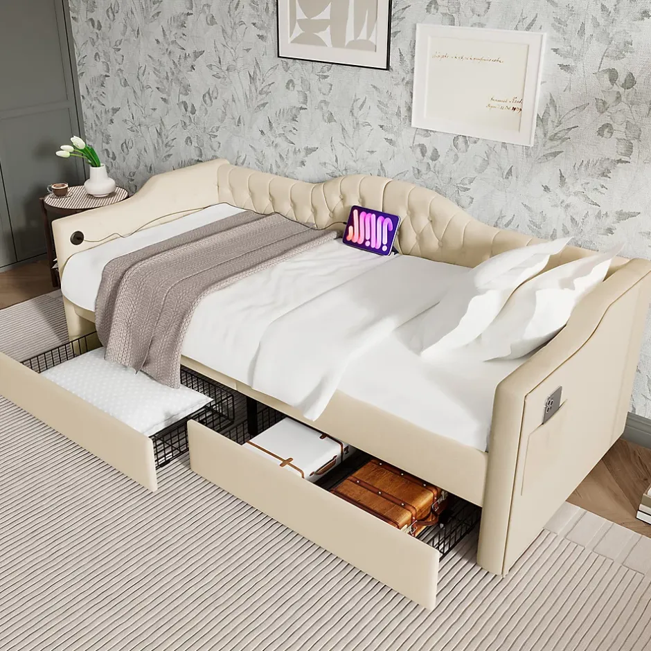 Gutent Lit adulte lit 90x200 cm lit rembourré avec 2 tiroirs Single velours beige Online