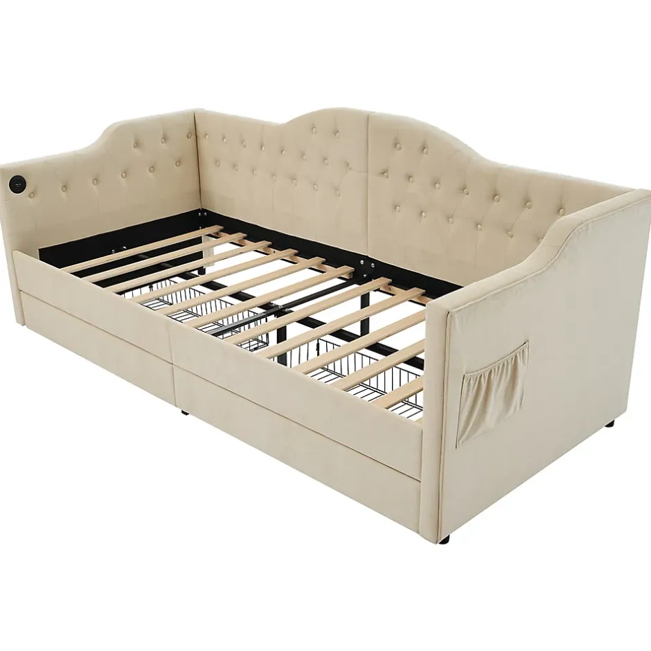 Gutent Lit adulte lit 90x200 cm lit rembourré avec 2 tiroirs Single velours beige Online