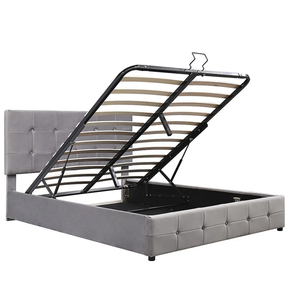Gutent Lit adulte lit 140x200 cm lit rembourré hydraulique lit de rangement lit double velours gris