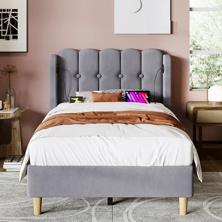 Gutent Lit adulte lit 90x200 cm lit rembourré avec fonction de charge usb type c Single lin gris