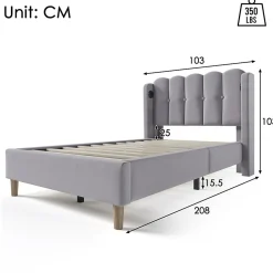 Gutent Lit adulte lit 90x200 cm lit rembourré avec fonction de charge usb type c Single lin gris