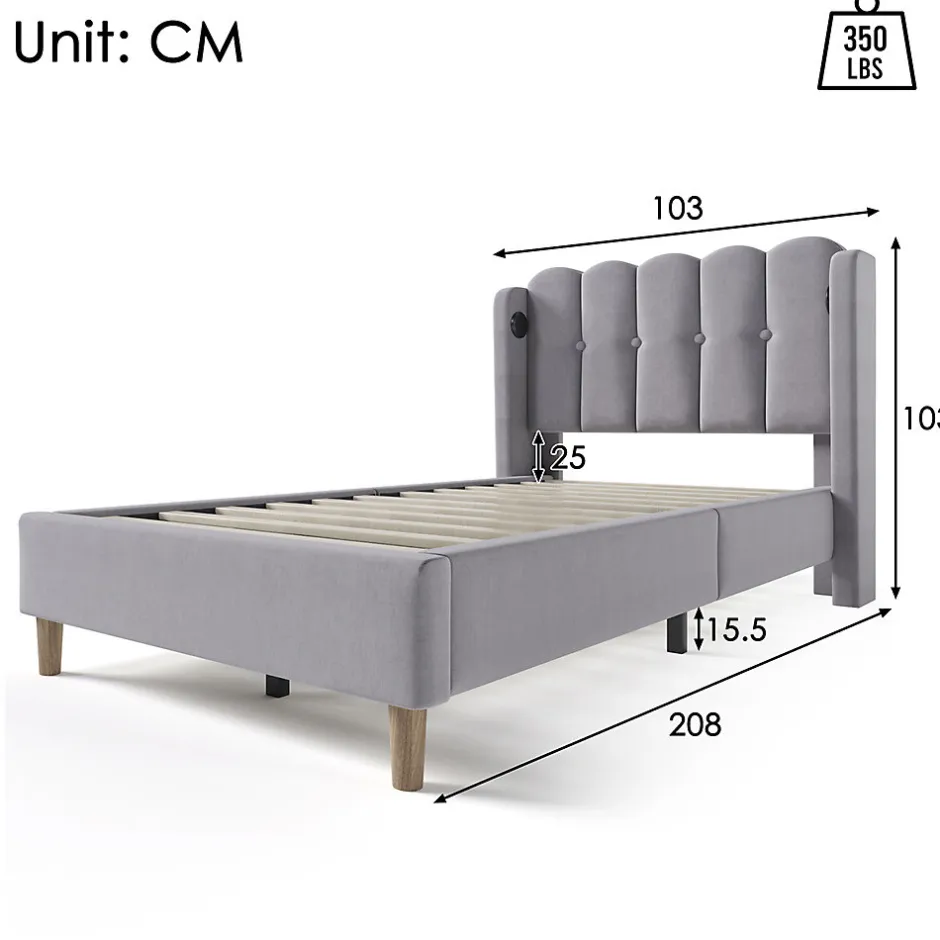 Gutent Lit adulte lit 90x200 cm lit rembourré avec fonction de charge usb type c Single lin gris