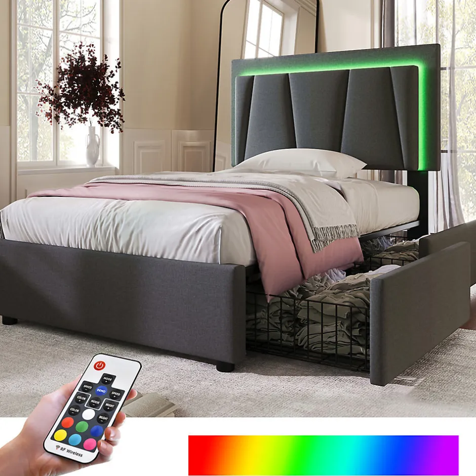 Gutent Lit adulte lit 90x200 cm lit rembourré lit eclairage led lit 2 tiroirs lit sommier à lattes en bois Single lin gris
