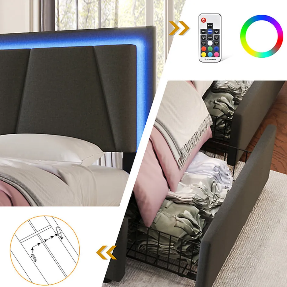 Gutent Lit adulte lit 90x200 cm lit rembourré lit eclairage led lit 2 tiroirs lit sommier à lattes en bois Single lin gris