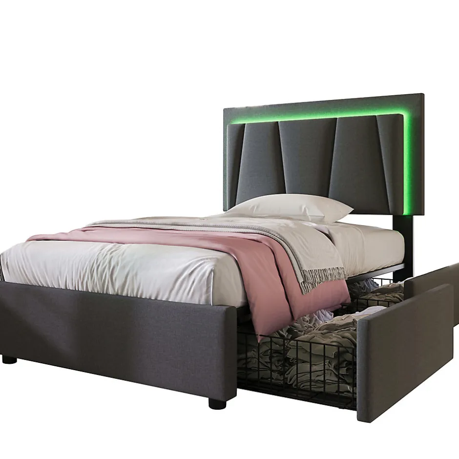 Gutent Lit adulte lit 90x200 cm lit rembourré lit eclairage led lit 2 tiroirs lit sommier à lattes en bois Single lin gris