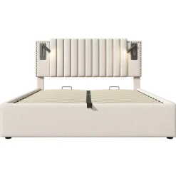 Gutent Lit adulte lit 180x200 cm lit rembourré lit de rangement avec sommier à lattes lit double coton beige Clearance