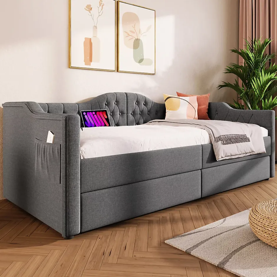 Gutent Lit adulte lit 90x200 cm lit rembourré avec 2 tiroirs Single lin gris Hot