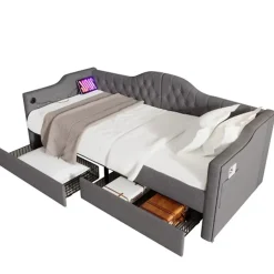Gutent Lit adulte lit 90x200 cm lit rembourré avec 2 tiroirs Single lin gris Hot