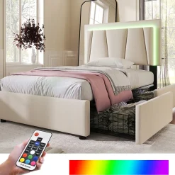 Gutent Lit adulte lit 90x200 cm lit rembourré lit eclairage led lit 2 tiroirs lit sommier à lattes en bois Single lin beige