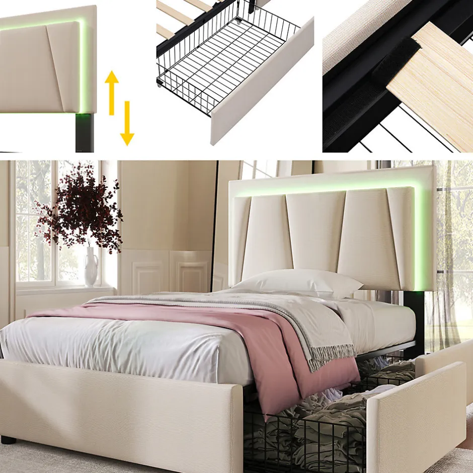 Gutent Lit adulte lit 90x200 cm lit rembourré lit eclairage led lit 2 tiroirs lit sommier à lattes en bois Single lin beige