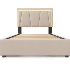 Gutent Lit adulte lit 90x200 cm lit rembourré lit eclairage led lit 2 tiroirs lit sommier à lattes en bois Single lin beige