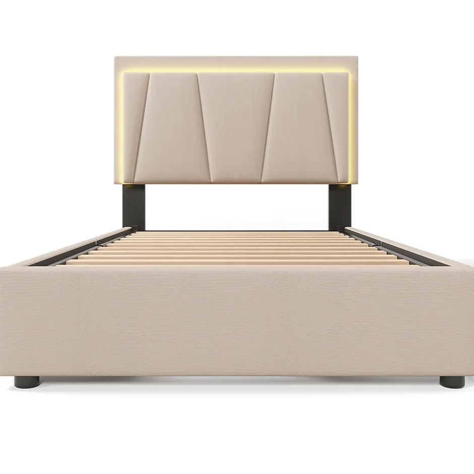 Gutent Lit adulte lit 90x200 cm lit rembourré lit eclairage led lit 2 tiroirs lit sommier à lattes en bois Single lin beige