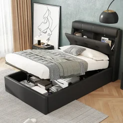 Gutent Lit adulte lit 90x200 cm lit rembourré hydraulique Single avec sommier à lattes pu noir