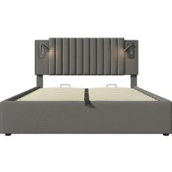 Gutent Lit adulte lit 140x200 cm lit rembourré lit de rangement avec sommier à lattes lit double coton gris
