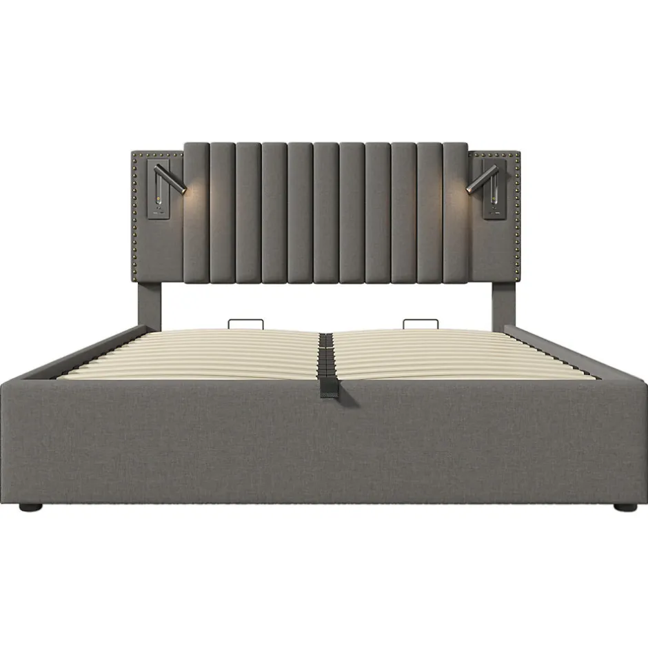 Gutent Lit adulte lit 140x200 cm lit rembourré lit de rangement avec sommier à lattes lit double coton gris