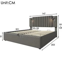 Gutent Lit adulte lit 140x200 cm lit rembourré lit de rangement avec sommier à lattes lit double coton gris
