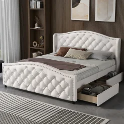 Gutent Lit adulte lit 140x200 cm lit rembourré avec sommier à lattes lit 2 tiroirs lit double pu blanc