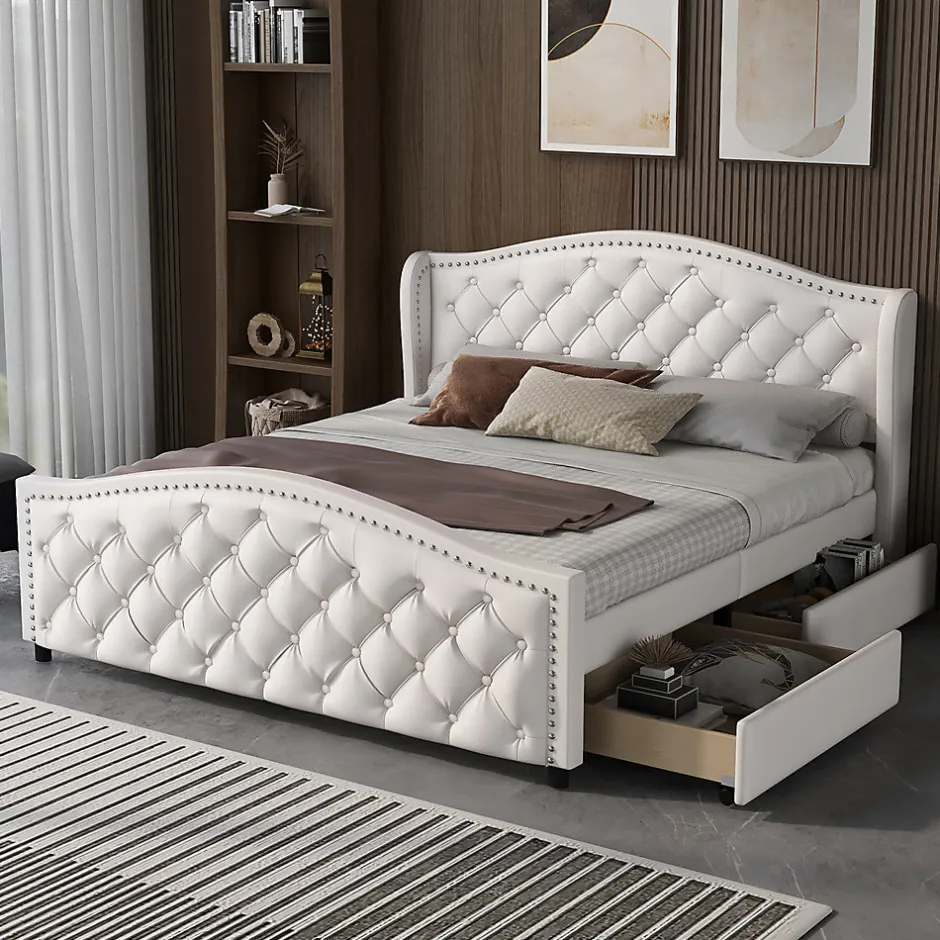 Gutent Lit adulte lit 140x200 cm lit rembourré avec sommier à lattes lit 2 tiroirs lit double pu blanc