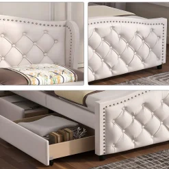Gutent Lit adulte lit 140x200 cm lit rembourré avec sommier à lattes lit 2 tiroirs lit double pu blanc