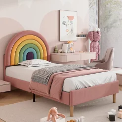 Gutent Lit adulte lit 90x200 cm lit rembourré avec sommier à lattes Single velours rose New