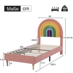 Gutent Lit adulte lit 90x200 cm lit rembourré avec sommier à lattes Single velours rose New