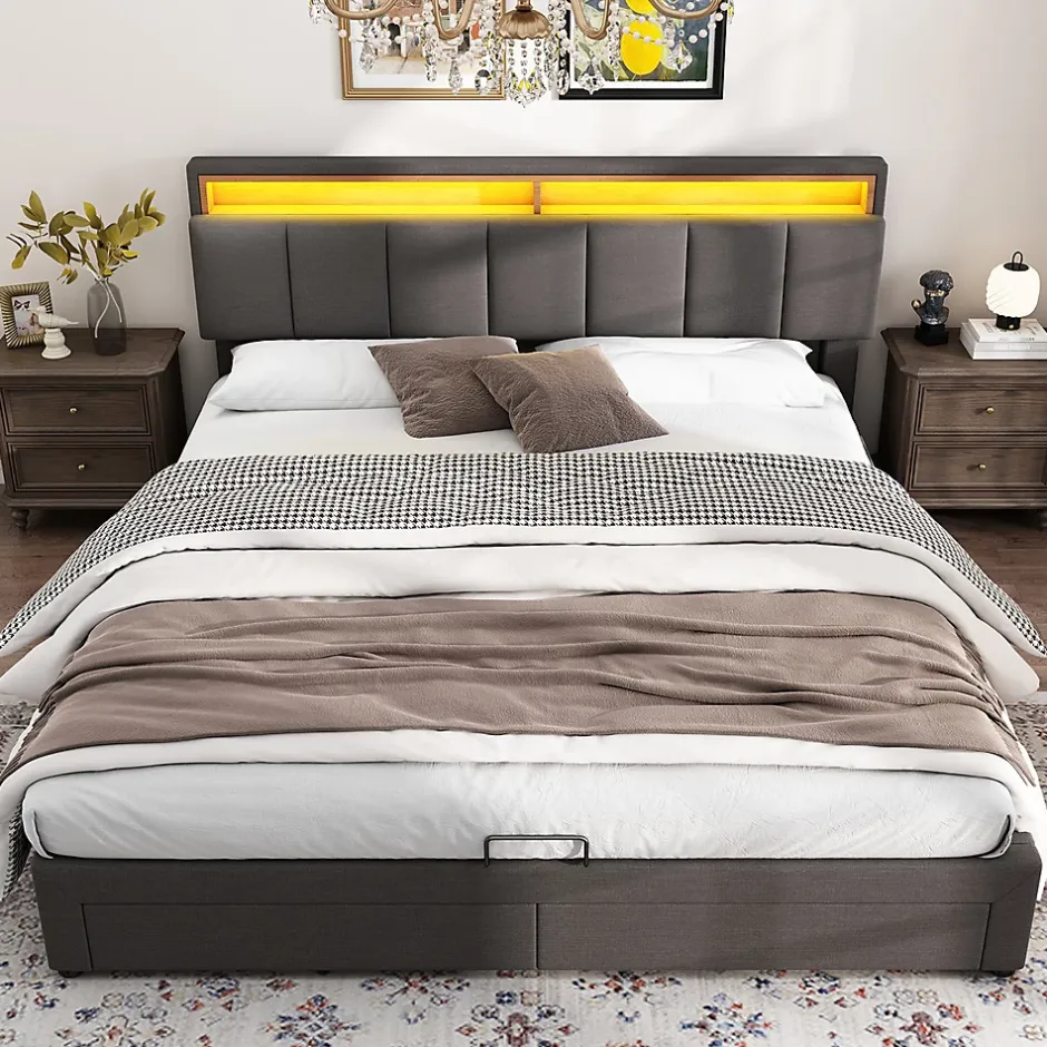 Gutent Lit adulte lit 160x200 cm lit rembourré hydraulique lit de rangement avec éclairage led lit double lin gris Outlet