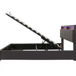 Gutent Lit adulte lit 160x200 cm lit rembourré hydraulique lit de rangement avec éclairage led lit double lin gris Outlet