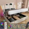 Gutent Lit adulte lit 160x200 cm lit rembourré lit de rangement lit sommier à lattes en bois lit double lin beige