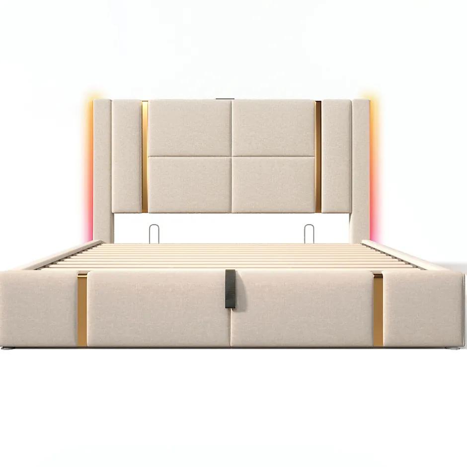 Gutent Lit adulte lit 160x200 cm lit rembourré lit de rangement lit sommier à lattes en bois lit double lin beige