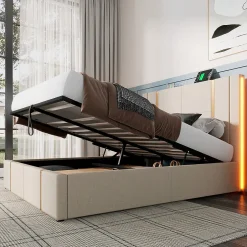 Gutent Lit adulte lit 160x200 cm lit rembourré lit de rangement lit sommier à lattes en bois lit double lin beige