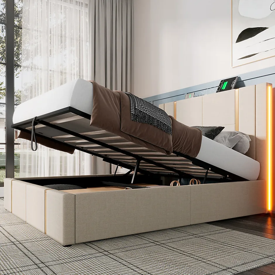 Gutent Lit adulte lit 160x200 cm lit rembourré lit de rangement lit sommier à lattes en bois lit double lin beige