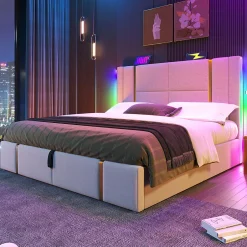 Gutent Lit adulte lit 160x200 cm lit rembourré lit de rangement lit sommier à lattes en bois lit double lin beige