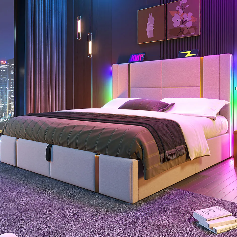 Gutent Lit adulte lit 160x200 cm lit rembourré lit de rangement lit sommier à lattes en bois lit double lin beige