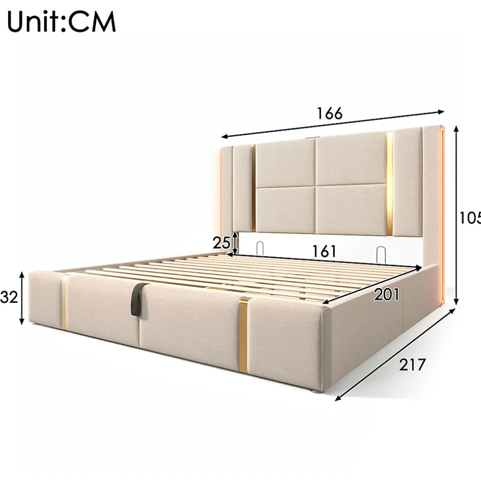 Gutent Lit adulte lit 160x200 cm lit rembourré lit de rangement lit sommier à lattes en bois lit double lin beige