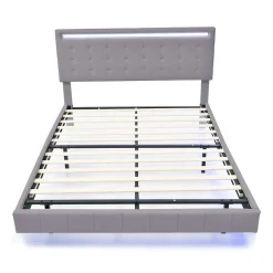 Gutent Lit adulte lit 140x200 cm lit rembourré avec lampes led lit double lin gris