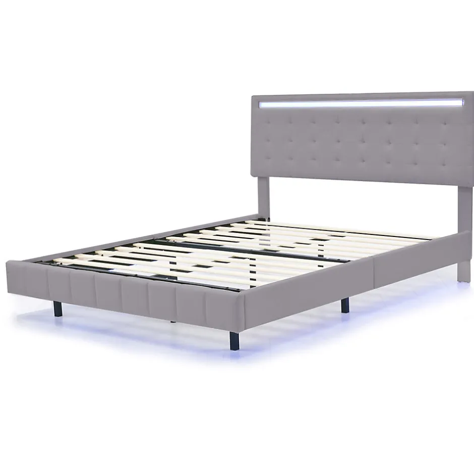 Gutent Lit adulte lit 140x200 cm lit rembourré avec lampes led lit double lin gris