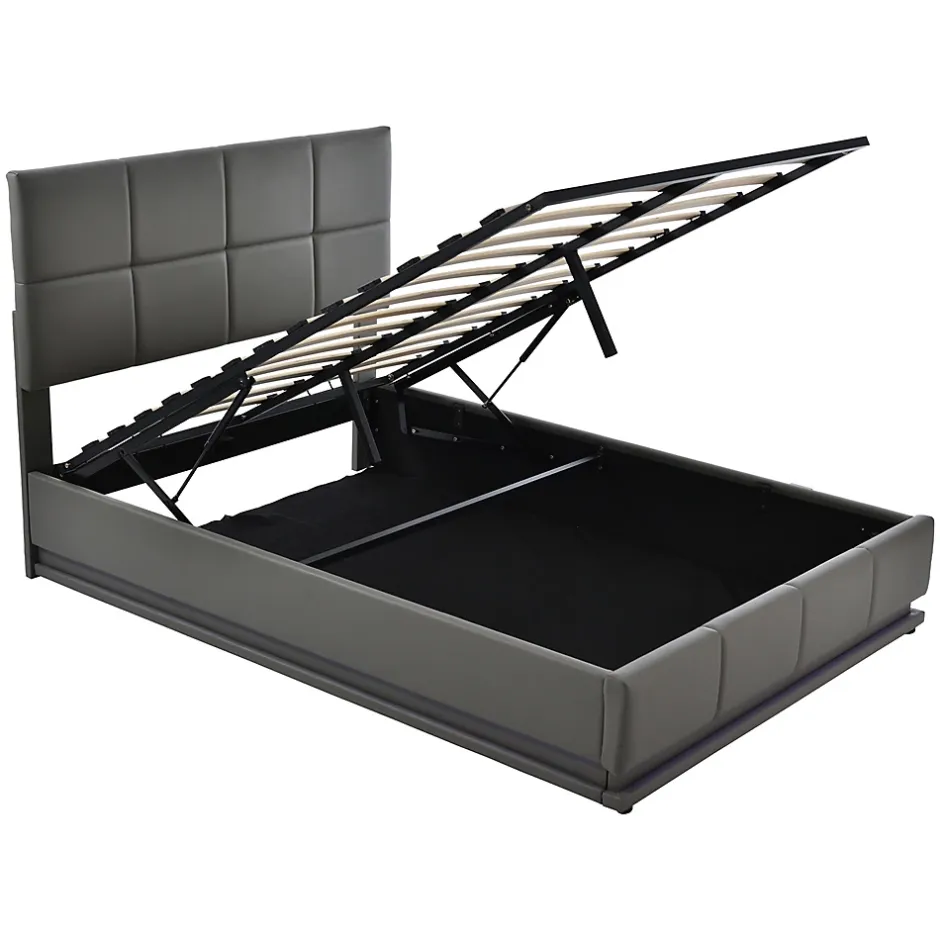 Gutent Lit adulte lit 140x200 cm lit rembourré hydraulique avec éclairage led lit double cuir synthétique gris foncé