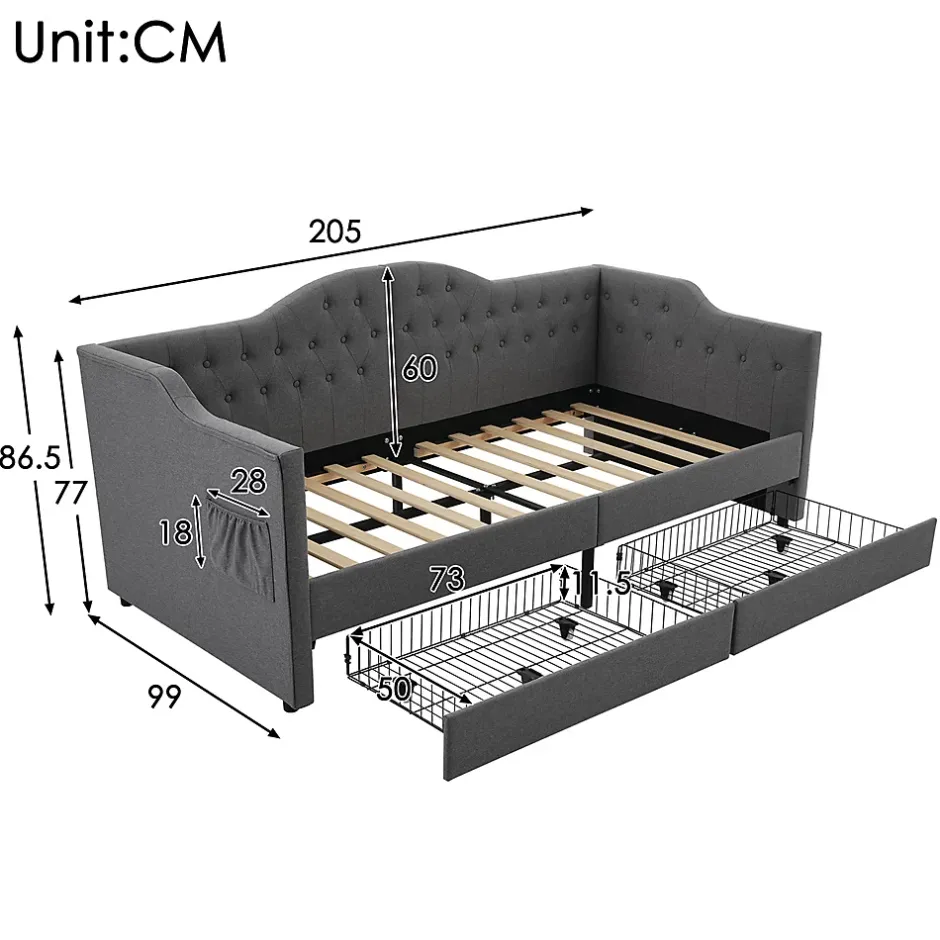 Gutent Lit adulte lit 90x190 cm lit rembourré avec 2 tiroirs Single lin gris Discount