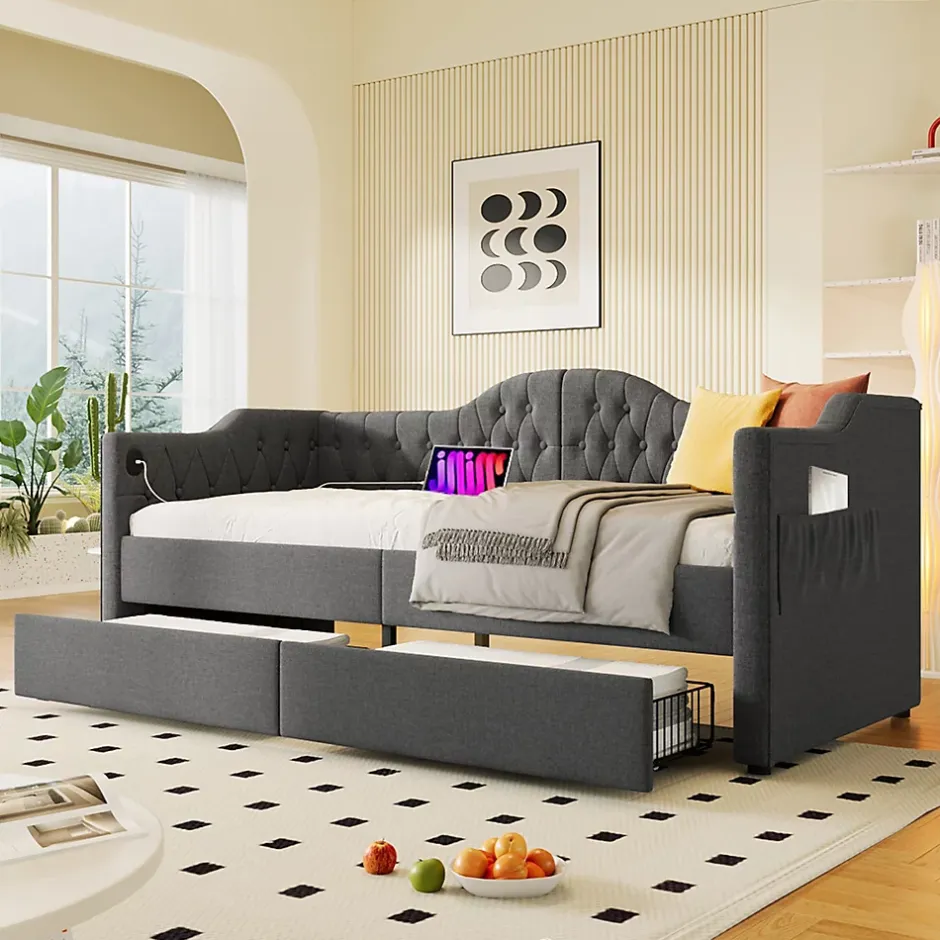 Gutent Lit adulte lit 90x190 cm lit rembourré avec 2 tiroirs Single lin gris Discount